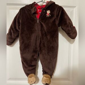 Cozy Brown Fleece Kids Footie with Monkey Design